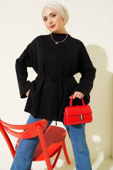 İp Bağlamalı Duble Kol Triko Tunik Siyah - Tunik