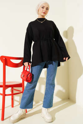 İp Bağlamalı Duble Kol Triko Tunik Siyah - Tunik