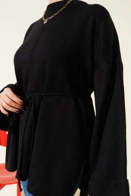 İp Bağlamalı Duble Kol Triko Tunik Siyah - Tunik