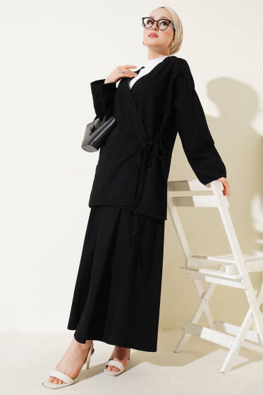 İp Bağlamalı Etekli Kot İkili Takım Siyah - İkili Takım