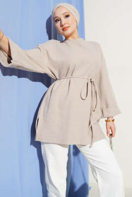 İp Bağlamalı Fitilli Kaşe Tunik Bej - SAS