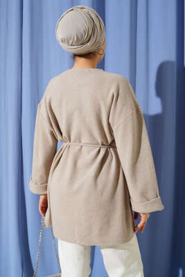 İp Bağlamalı Fitilli Kaşe Tunik Bej - Tunik