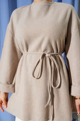 İp Bağlamalı Fitilli Kaşe Tunik Bej - Tunik