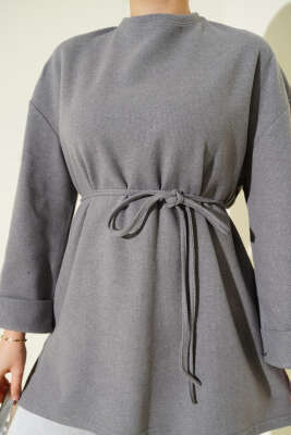 İp Bağlamalı Fitilli Kaşe Tunik Gri - Tunik