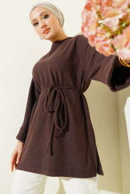 İp Bağlamalı Fitilli Kaşe Tunik Kahve - SAS