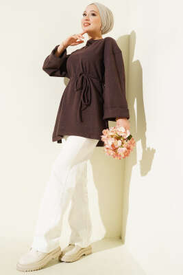İp Bağlamalı Fitilli Kaşe Tunik Kahve - Tunik