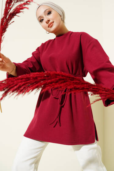 İp Bağlamalı Fitilli Kaşe Tunik Kırmızı - Yılın Fırsatı