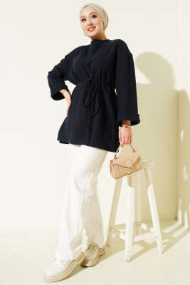 İp Bağlamalı Fitilli Kaşe Tunik Lacivert - Tunik