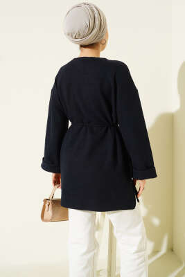 İp Bağlamalı Fitilli Kaşe Tunik Lacivert - Tunik