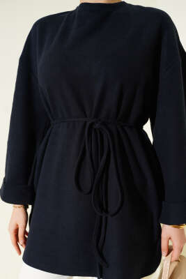 İp Bağlamalı Fitilli Kaşe Tunik Lacivert - Tunik