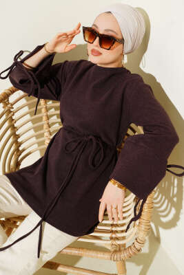 İp Bağlamalı Fitilli Kaşe Tunik Mürdüm 