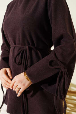 İp Bağlamalı Fitilli Kaşe Tunik Mürdüm - Tunik