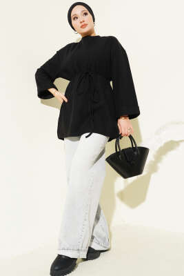 İp Bağlamalı Fitilli Kaşe Tunik Siyah - Tunik