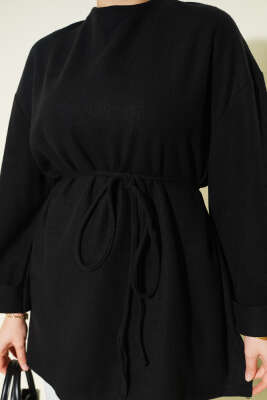 İp Bağlamalı Fitilli Kaşe Tunik Siyah - Tunik