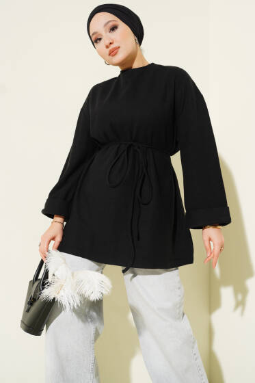 İp Bağlamalı Fitilli Kaşe Tunik Siyah - Yılın Fırsatı