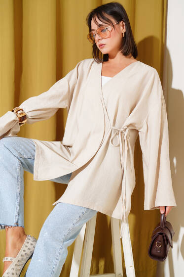 İp Bağlamalı Kimono Bej - Dış Giyim&Mont