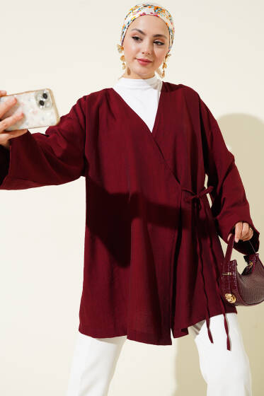 İp Bağlamalı Kimono Bordo - Dış Giyim&Mont