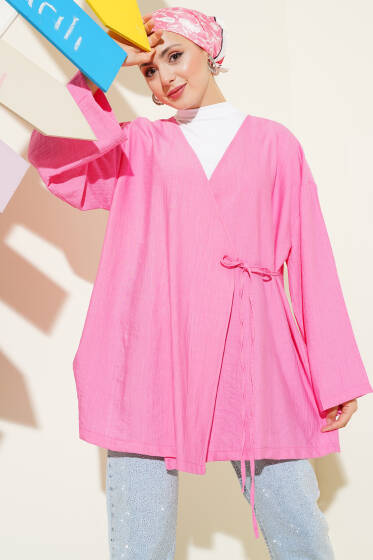 İp Bağlamalı Kimono Pembe - Dış Giyim&Mont