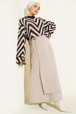 İp Bağlamalı Kloş Scuba Etek Bej - Etek