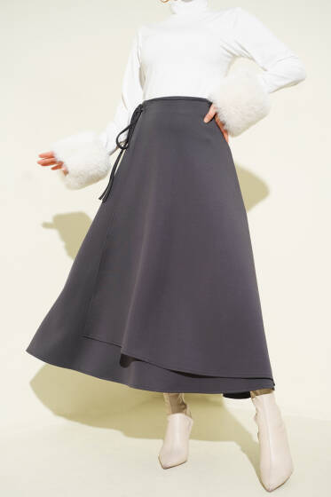 İp Bağlamalı Kloş Scuba Etek Füme - Etek