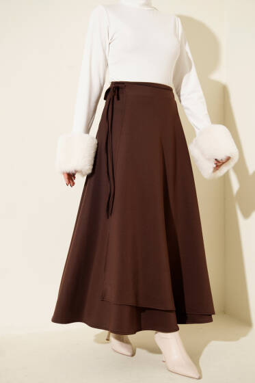 İp Bağlamalı Kloş Scuba Etek Kahve - Etek