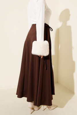 İp Bağlamalı Kloş Scuba Etek Kahve - Etek