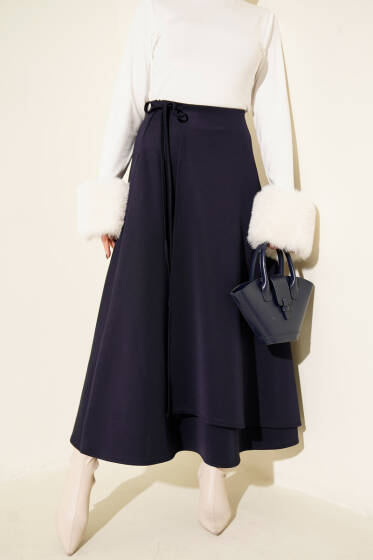 İp Bağlamalı Kloş Scuba Etek Lacivert - Etek