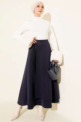 İp Bağlamalı Kloş Scuba Etek Lacivert - Etek