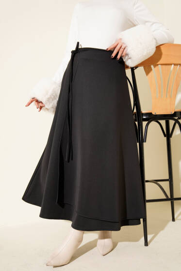 İp Bağlamalı Kloş Scuba Etek Siyah - Etek