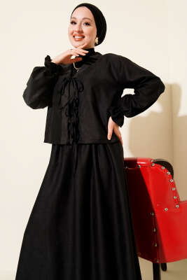 İp Bağlamalı Kol Lastikli İkili Takım Siyah - İkili Takım