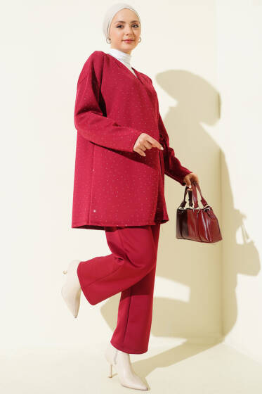 İp Bağlamalı Taşlı Scuba İkili Takım Bordo - İkili Takım