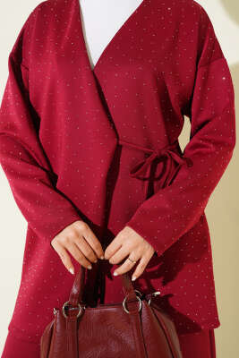 İp Bağlamalı Taşlı Scuba İkili Takım Bordo - İkili Takım