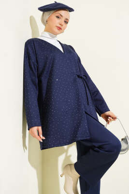 İp Bağlamalı Taşlı Scuba İkili Takım Lacivert - İkili Takım