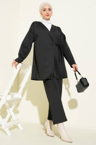 İp Bağlamalı Taşlı Scuba İkili Takım Siyah - İkili Takım