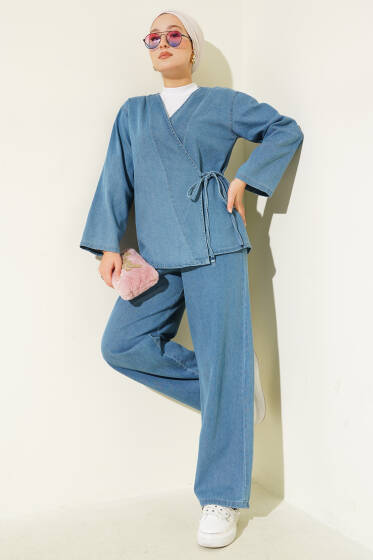 İp Bağlamalı V Yaka Kot İkili Takım Açık Mavi - İkili Takım