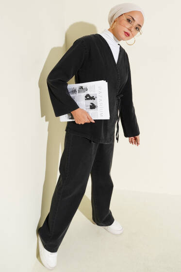 İp Bağlamalı V Yaka Kot İkili Takım Antrasit - İkili Takım