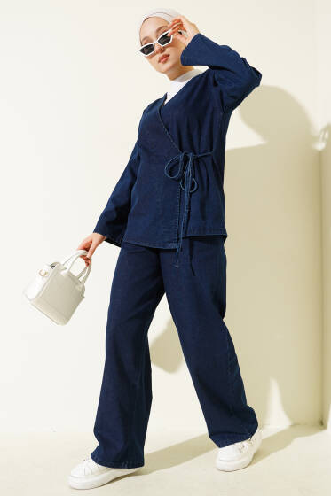 İp Bağlamalı V Yaka Kot İkili Takım Lacivert - İkili Takım
