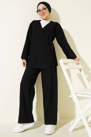 İp Bağlamalı V Yaka Kot İkili Takım Siyah - İkili Takım