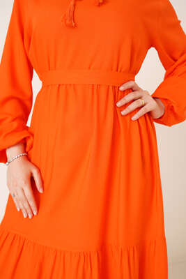 İp Bağlamalı Yakalı Elbise Oranj - Thumbnail