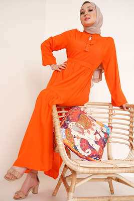 İp Bağlamalı Yakalı Elbise Oranj - Thumbnail