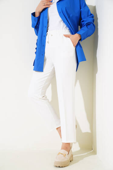 İp Detaylı Beli Lastikli Dar Paça Ekru Pantolon - Pantolon