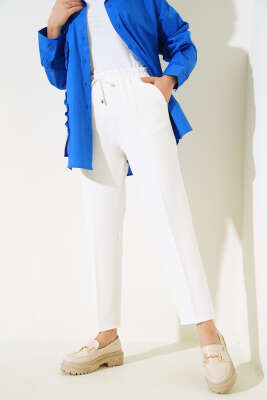 İp Detaylı Beli Lastikli Dar Paça Ekru Pantolon - Yılın Fırsatı