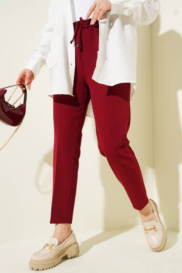İp Detaylı Beli Lastikli Dar Paça Füme Bordo - Pantolon