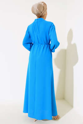 İp Kemerli Gül Elbise Mavi - Tesettür Elbise