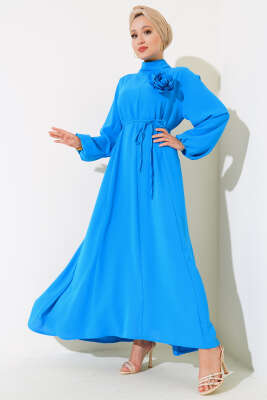 İp Kemerli Gül Elbise Mavi - Tesettür Elbise