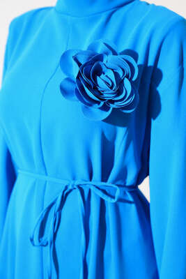 İp Kemerli Gül Elbise Mavi - Tesettür Elbise