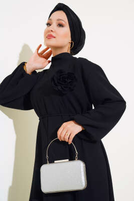 İp Kemerli Gül Elbise Siyah - Tesettür Elbise