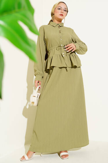 İp Kuşaklı Ağaç Kabuğu Etekli İkili Takım Çağla Yeşili - İkili Takım