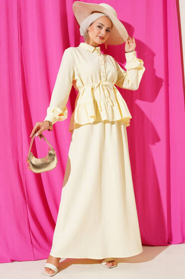 İp Kuşaklı Ağaç Kabuğu Etekli İkili Takım Sarı - İkili Takım