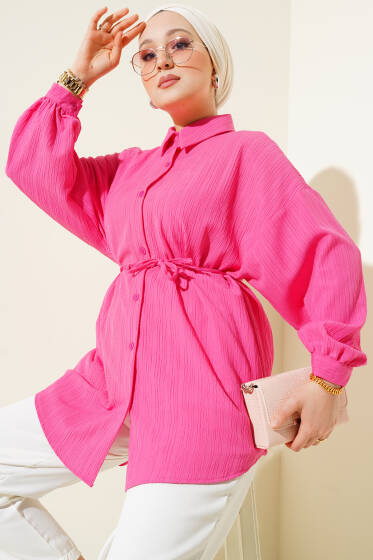 İp Kuşaklı Ağaç Kabuğu Gömlek Fuşya - Gömlek